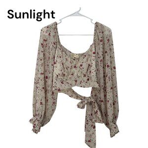 Altard State Women SZ Large Floral Long Sleeve Crop Top Blouse With Back Tie